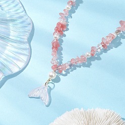 Вишневый Кварц Ожерелья с регулируемыми бусинами из вишневого кварцевого стекла и имитацией круглого жемчуга, летние сверкающие стеклянные ожерелья с подвеской в виде рыбьего хвоста для женщин, 16.14~24.80 дюйм (41~63 см)