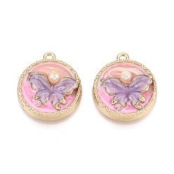 Pink Подвески из эмали, АБС-пластика и искусственного жемчуга с гальваническим покрытием., плоские круглые и подвески в виде бабочек, золотые, без кадмия, без никеля и без свинца, розовые, 25x22x7 мм, отверстие : 1.8 мм