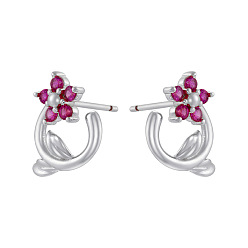 Средний Фиолетово-красный Серьги-гвоздики из латуни с кубическим цирконием ко Дню святого Валентина, цветок, платина, средне фиолетовый красный, 13.5x12 мм