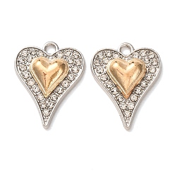 Platinum & Light Gold Alloy Rhinestone Pendants, Heart Charms, Platinum & Light Gold, 20.5x17.5x3.5mm, Hole: 1.8mm