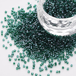 Dark Green Glass Cylinder Beads, Seed Beads, Transparent Colours Luster, Round Hole, Dark Green, 1.5~2x1~2mm, Hole: 0.8mm, about 8000pcs/bag, about 1pound/bag