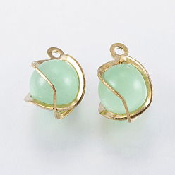 Medium Aquamarine Cat Eye Charms, with Brass Finding, Round, Golden, Medium Aquamarine, 13.5x10mm, Hole: 1mm
