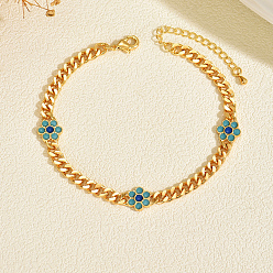 Средний Бирюзовый Женские браслеты на ногу с цепочкой из латунной эмали и цветочным узором, реальный 18 k позолоченный, средне бирюзовый, 8-5/8 дюйм (220 мм)