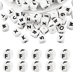 Letter F 20шт. белые кубические силиконовые бусины в форме букв, Бусины в виде букв алфавита для изготовления браслетов и ожерелий., фокусные бусы, Буква F, 12x12x12x12 мм, отверстие : 2 мм
