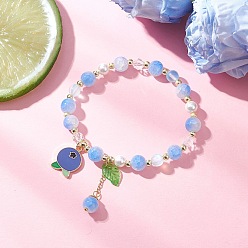 Blueberry Браслеты из синтетического лунного камня и стеклянных круглых бусин, сплав эмаль фруктовые подвески браслеты для женщин, с оболочкой шарик перлы, черника, внутренний диаметр: 2-1/4 дюйм (5.8 см), бусина : 3.5~8x3~7.5 mm, черника: 17.5x13.5x1.5мм