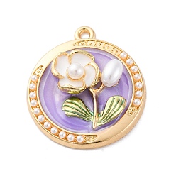 Лиловый Подвески из эмали и сплава, с ABS имитации жемчуга, без кадмия, без никеля и без свинца, стойки покрытие, плоский настил с цветочным шармом, золотые, сирень, 27.5x24.5x6 мм, отверстие : 1.8 мм