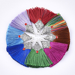 Couleur Mélangete Polyester pendentif pompon décorations, avec les accessoires en alliage et émail, forme fan, argent antique, couleur mixte, 45~50x40~44x7~10mm, Trou: 2.5mm