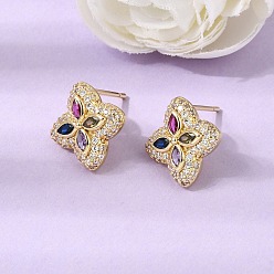 Coloré Micro cuivres ouvrent zircone cubique boucles d'oreille, boucles d'oreilles pavées, fleur, sans plomb et sans cadmium, crémaillère plaquage, plaqué longue durée, réel 18 k plaqué or, colorées, 15.5x15.5mm