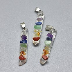 Mixed Stone Natural Quartz Crystal  Pendants, with Mixed Gemstone Chips and Brass Findings, Faceted, Chakra, Bullet, Platinum, 39~42x6~7mm, Hole: 3x6mm