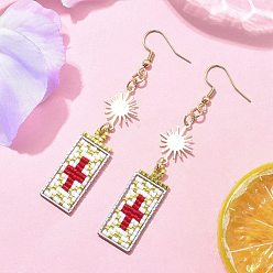 Красный Прямоугольник с крестом стеклянные бусины висячие серьги, с латунными соединительными звеньями и 304 крючками для сережек из нержавеющей стали, красные, 76x13.5 мм