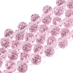 Perle rosa Transparente Glasperlen Stränge, oben gebohrte Perlen, Träne, facettiert, Perle rosa, 10x8x8 mm, Bohrung: 1~1.2 mm, ca. 88~92 Stk. / Strang, 20.67~22.64 Zoll (52.5~57.5 cm)