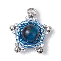 Синий Подвески из бисера цилиндрической формы и натурального тигрового глаза, с открытыми пружинными кольцами из нержавеющей стали 304, звезда, синие, 21x19x8 мм, отверстие : 4 мм