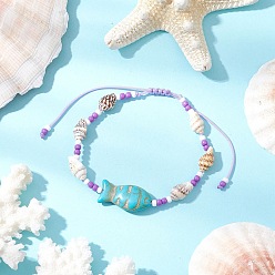 Средняя Орхидея Браслеты из бисера и стеклянных бусин, регулируемые браслеты из ракушек и синтетических бирюзовых бусин для женщин, форма ракушки и рыбы, средне орхидеи, внутренний диаметр: 2 ~3-1/4 дюйм (5.1~8.2 см)