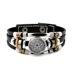 Gray Imitation Leather Triple Lines Multi-strand Bracelets with Flat Round Links, Gray, 8-1/8 inch(20.5cm)