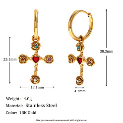 Золотой 316 Серьги-кольца из хирургической нержавеющей стали с цветными кубическими циркониями, роза с крестом, золотые, 38.3x17.1 мм