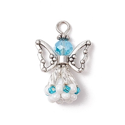 Темно-Голубой Граненые подвески стекла, ангельское очарование, с крылом из античного серебряного сплава и платиновой железной петлей, стеклянными бусинами и стеклянными жемчужными бусинами, глубокое синее небо, 26x18x11 мм, отверстие : 2 мм