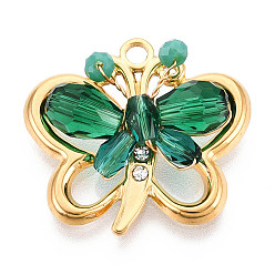 Зеленый 304 подвески из нержавеющей стали, бабочка, со стеклом и горным хрусталем, реальный 18 k позолоченный, ионное покрытие (ip), граненые, зелёные, 23x24.5x7~7.5 мм, отверстие : 2.1 мм