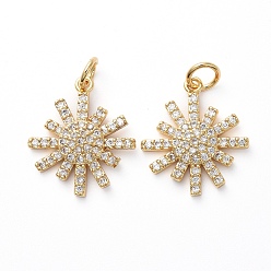 Золотой Латунные микропаве прозрачные подвески с фианитом, с прыжковых колец, снежинка, золотые, 17.5x15.5x2.5 мм, отверстие : 3 мм