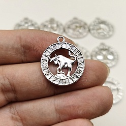 Телец Подвески из сплава со стразами на тему созвездий, плоские круглые прелести, серебряные, Телец, 24x21 мм