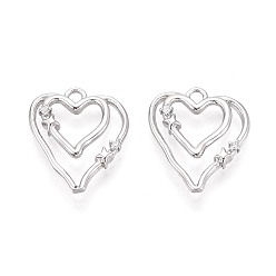 Платинированный Латунные микро проложить кубического циркония подвески, сердце прелести, Реальная платина, 19x16x2.5~3 мм, отверстие : 1.8 мм