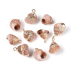 Персиковый Слойка Подвески из натуральных ракушек с гальваническим покрытием, подвески в форме ракушек, с латунной фурнитурой , золотые, розовые, 12.5~16x10~11x10~11 мм, отверстие : 1.6~1.8 мм
