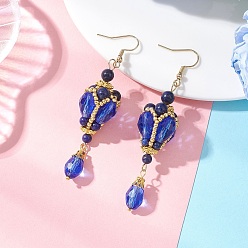 Ляпис-Лазурь Серьги-подвески в форме капли из натурального лазурита и стеклянных бусин., с 304 крючков из нержавеющей стали, золотые, 78x20~20.5 мм