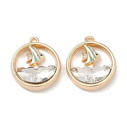 Прозрачный Сплав стекла подвески, плоская круглая форма с подвесками в виде парусников, стойки покрытие, без кадмия, без никеля и без свинца, золотые, прозрачные, 18x15.5~16x4~4.5 мм, отверстие : 1.2~1.4 мм