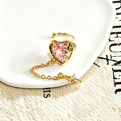 Heart Brass Pave Cubic Zirconia Cuff Earrings, Golden, Heart, 60mm