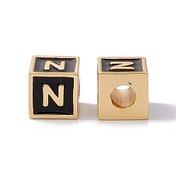 Letter N Стойки покрытие латунь эмаль бисер, без кадмия, без никеля и без свинца, реальный 18 k позолоченный, куб с письмом, чёрные, letter.n, 6x6x6 мм, отверстие : 2.5 мм