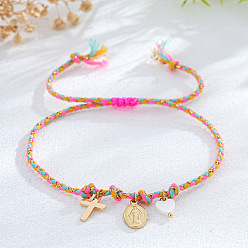 Темно-Розовый Браслеты с подвесками из латуни и натуральных ракушек, регулируемые плетеные браслеты из волоконного шнура для женщин, крест и овал с Девой Марией и сердцем, темно-розовыми, внутренний диаметр: 11 дюйм (28 см)