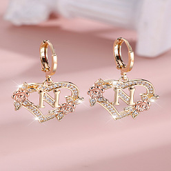 Letter N Серьги-кольца из латуни с микропаве и прозрачным кубическим цирконием в форме сердца, золотые, Письмо N, 34x20 мм