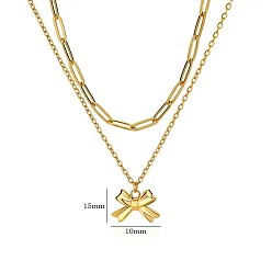 Настоящее золото 18K 304 кулон ожерелья из нержавеющей стали бантом, двухслойные ожерелья, реальный 18 k позолоченный, 15.63 дюйм (39.7 см), бант : 11x15.5 мм