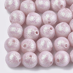 Pink Polyester Thread Fabric Covered Beads, with ABS Plastic Inside, Round, Pink, 16x17mm, Hole: 2mm