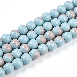 Светло-Синий Выпечки нарисованных стеклянных бусин прядей, имитировать фарфоровые бусины, круглые, два тона, голубой, 9.5~10 мм, отверстие : 1.2 мм, около 86~91 шт / нитка, 30.71~32.68 дюйм (78~83 см)