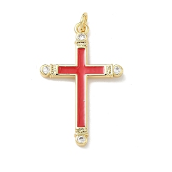 Красный Латунные микро проложить кубического циркония подвески, с эмалью, крест прелести, долговечный, без кадмия и без свинца, стойки покрытие, реальный 18 k позолоченный, красные, 33x21x2.5 мм, Перейти кольцо: 5x1 мм, внутренний диаметр: 3 мм