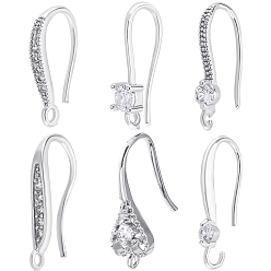 Серебро 24 шт. 6 стили латунные микро-паве прозрачные кубические цирконии крючки для сережек, с горизонтальной петлей, без никеля , серебряные, 18x2.5 мм, отверстие : 1.2 мм, 22 датчик, штифты : 0.6 мм