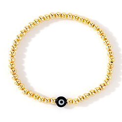 Черный Браслеты из круглых бусин из золотой латуни, стеклянные бусины от сглаза для женщин, чёрные, внутренний диаметр: 6-7/8 дюйм (17.5 см)