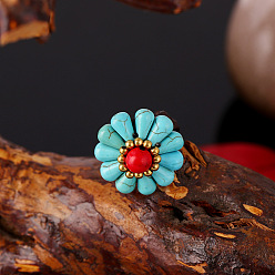 Бледно-бирюзовый Бирюзовый восковой риз и латунные перстни, цветок, бледные бирюзовая, внутренний диаметр: 18 мм