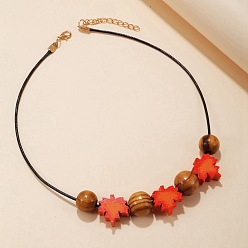 Naranja Rojo Collares de madera con cuentas redondas y en forma de hoja de arce, con cordón de imitación de cuero negro., dorado, rojo naranja, 17.72~18.90 pulgada (45~48 cm)