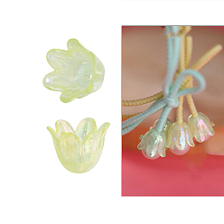 Зелено-Желтый Акриловый шарик крышки, цветок, зеленый желтый, 8.5x11 мм, отверстие : 1.3 мм, 100 шт / комплект