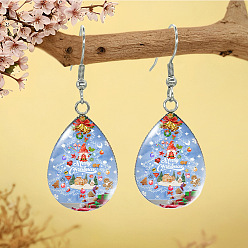 Васильковый Серьги-подвески из сплава и стекла, платина, каплевидный узор с рождественской елкой, васильковый, 45x18 мм
