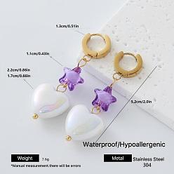 Dark Orchid 304 Stainless Steel Resin Hoop Dangle Earrings for Women, Heart with Star, with Imitation Pearl, Golden, Dark Orchid, 52mm