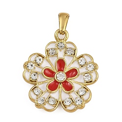 Красный 304 нержавеющей стальной эмали подвески, цветок, со стразами, золотые, красные, 31x27.5x4 мм, отверстие : 6.4x3 мм