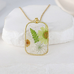 Желтый Женские ожерелья из сплава, Подвески-ожерелья из смолы и сушеных прессованных цветов, прямоугольные, золотые, желтые, 17.72 дюйм (45 см)