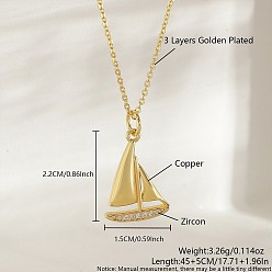 Парусное судно Ожерелья с подвесками Ocean Summer из латуни с прозрачными кубическими цирконами и паве, золотые, парусное судно, 17.72 дюйм (45 см), Кулон : 22x15 мм