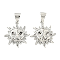 Платина Латунные микропаве прозрачные подвески с фианитом, солнце, платина, 28x25.5x4 мм, отверстие : 8x5 мм