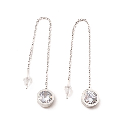 Stainless Steel Color Crystal Rhinestone Flat Round Long Dangle Stud Earrings, 304 Stainless Steel Ear Thread for Women, Stainless Steel Color, 103mm, Pin: 1mm