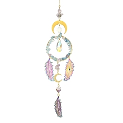 Rainbow Color Подвесные украшения из латунных кабельных цепей, 201 подвеска из нержавеющей стали и стекла, с природных драгоценных камней, перо форму, для украшения дома, Радуга цветов, 302 мм