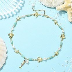 Golden 304 Stainless Steel Enamel & Shell Pearl & Natural Amazonite Pendant Necklaces, Tortoise Starfish Fish, Golden, 16.02 inch(40.7cm)