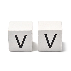 Letter V Древесина европейского бисера, бусины с большим отверстием, куб с письмом, Буква V, 30.5x30.5x29.5~30.5 мм, отверстие : 5 мм